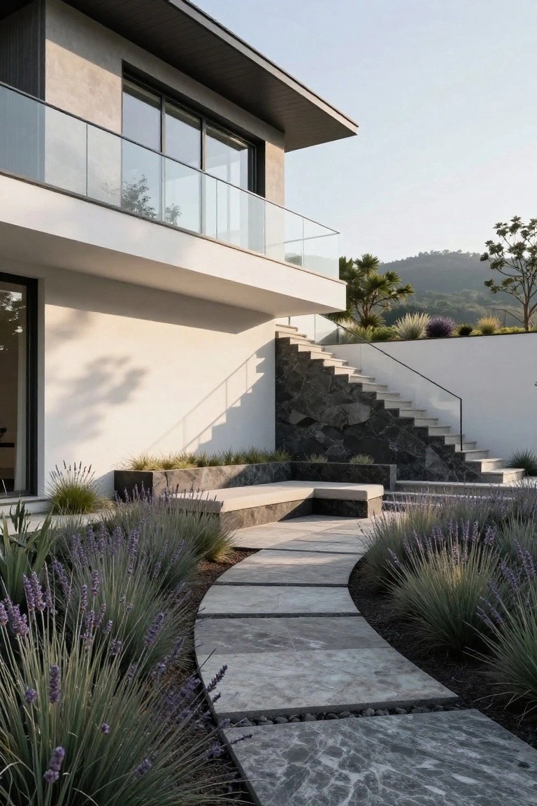 Modern white house exterior featuring a glass balcony, black stone-accented stairs, and a curved gray stone path lined with lavender plants and grasses leading toward the entrance.