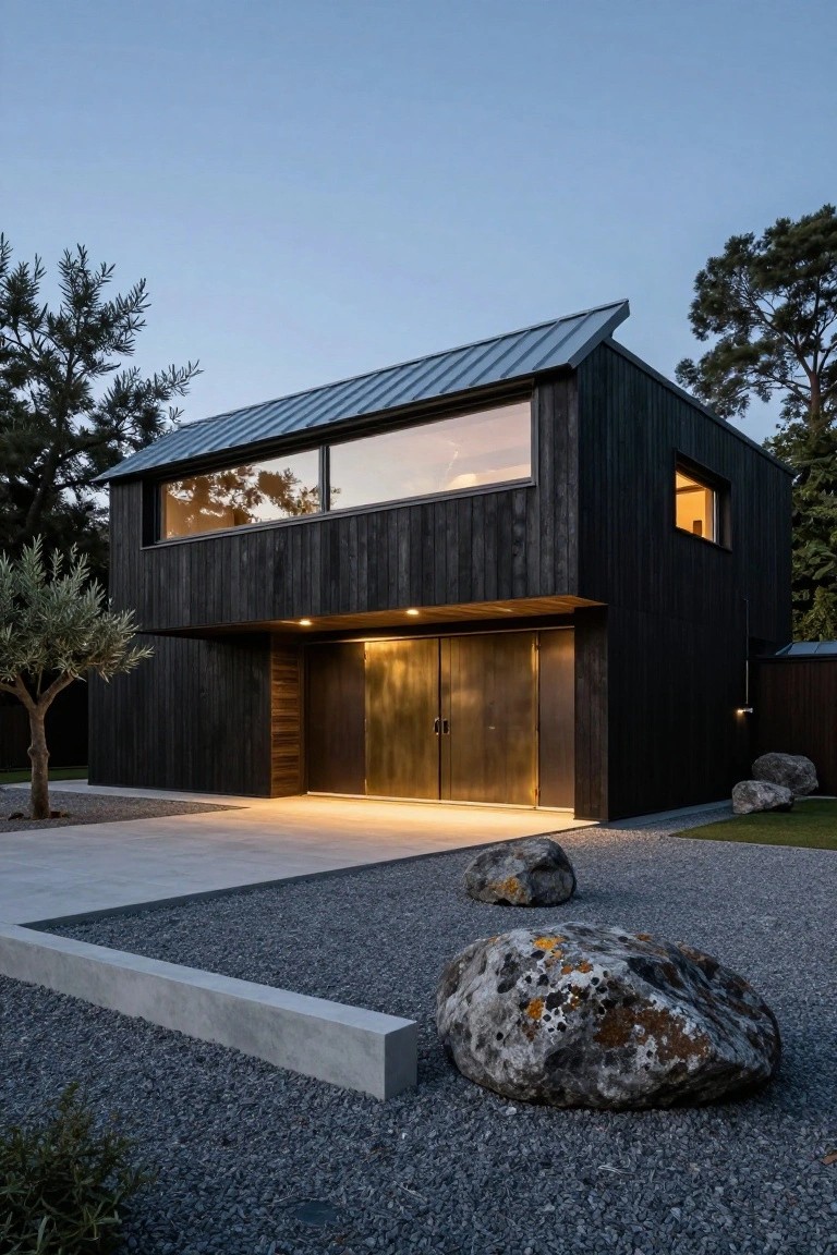 Black wooden modern house exterior with asymmetrical sloped metal roof, large upper glass window, illuminated bronze double doors, gravel courtyard, boulders, olive tree, and surrounding pines at dusk.
