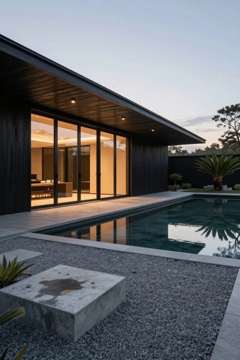 Modern house exterior with vertical black wood cladding, cantilevered roof, and large open sliding glass doors overlooking a rectangular swimming pool, with gravel ground cover, concrete block, and palm plants nearby at dusk.