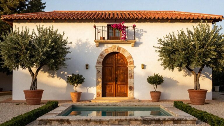 19 Elegant Luxury Villa Architecture Ideas That Feel Truly Grand White stucco house exterior with terracotta tile roof, central stone-arched entry with wooden double doors, potted olive trees on each side, boxwood hedges, and a narrow reflecting pool pathway leading to the entrance.