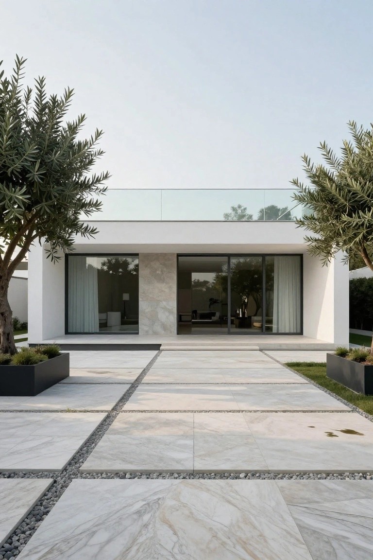 White minimalist villa exterior with large sliding glass doors centered in the facade, a stone panel wall to one side, olive trees flanking the entrance, and a paved pathway of light veined tiles with pebble joints.