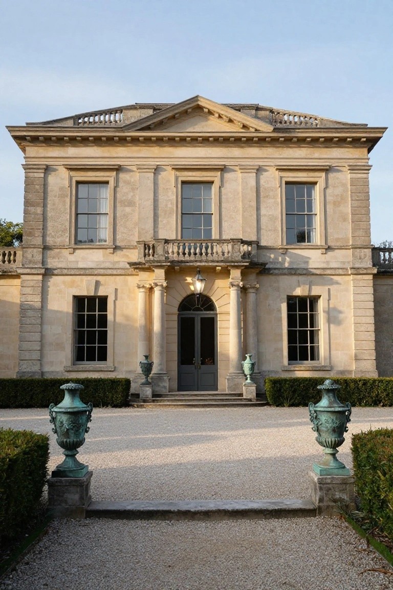 Beige stone neoclassical house facade featuring a central columned portico with arched doorway, flanked by windows, balcony above, green bronze urns on pedestals, boxwood hedges, and gravel path.