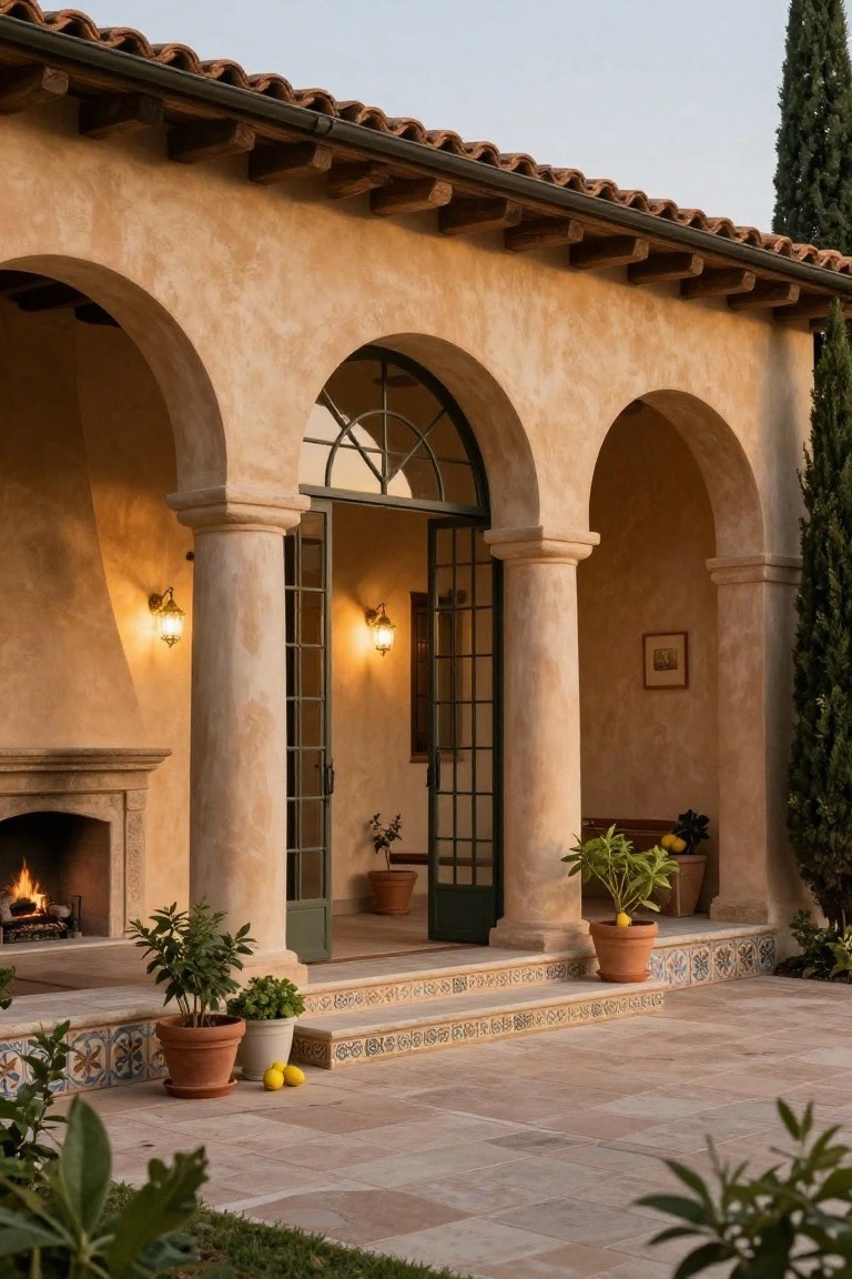 Beige stucco loggia with arched openings framing green French doors, stone columns, outdoor stone fireplace with fire lit, potted plants and lemons on tiled steps leading to stone paver patio, tall cypress tree at side.