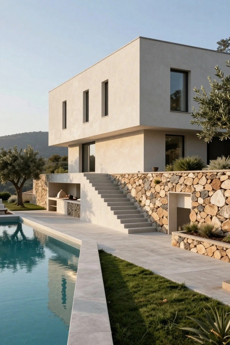 Modern white stucco house with large windows perched above stone retaining walls and stairs leading to an outdoor kitchen beside a rectangular pool on a hillside with olive trees and landscaping.