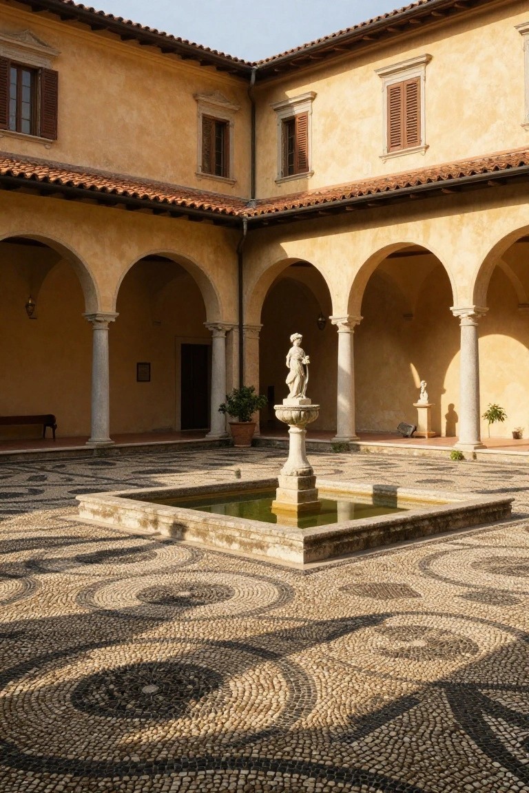 Sunlit courtyard featuring ochre walls with terracotta roof tiles, white stone arches and columns, a central square fountain with statue, side statues on pedestals, potted plants, a wooden bench, and pebble pavement in black and white circular mosaic patterns.