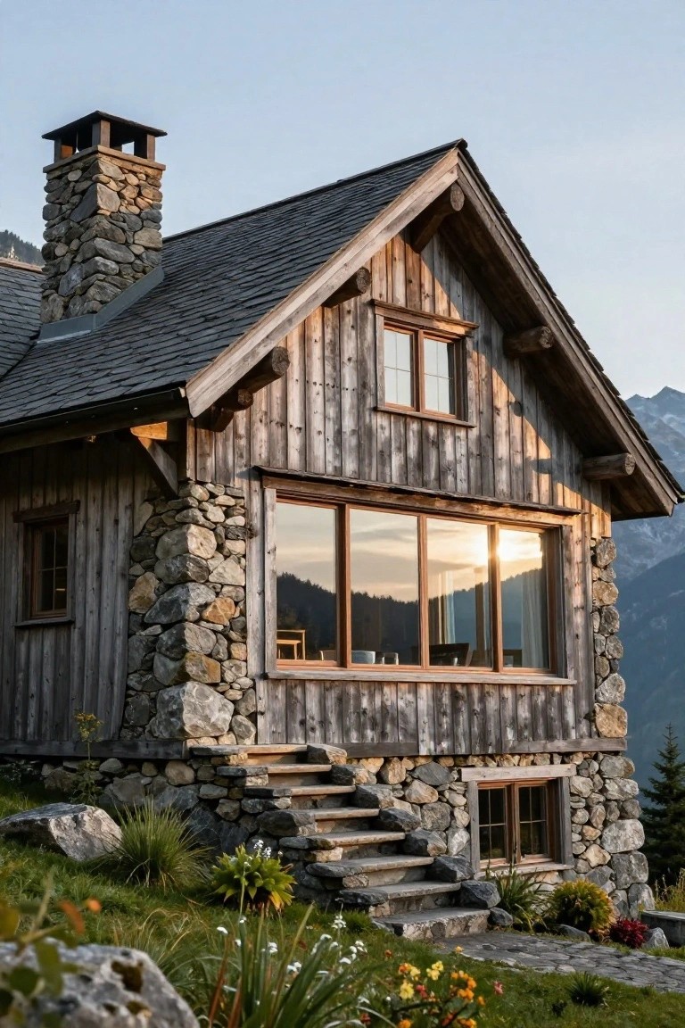 A chalet-style house with stone chimney and foundation, vertical weathered wood siding, large front windows, slate roof, stone steps to the entrance, garden plants, and mountain backdrop at sunset.