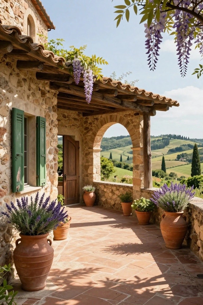 Stone house exterior with covered porch featuring wooden beams draped in purple wisteria, large terracotta pots of lavender on terracotta tiled floor, green shutters on window, arched opening with wooden door, and green hills in background.