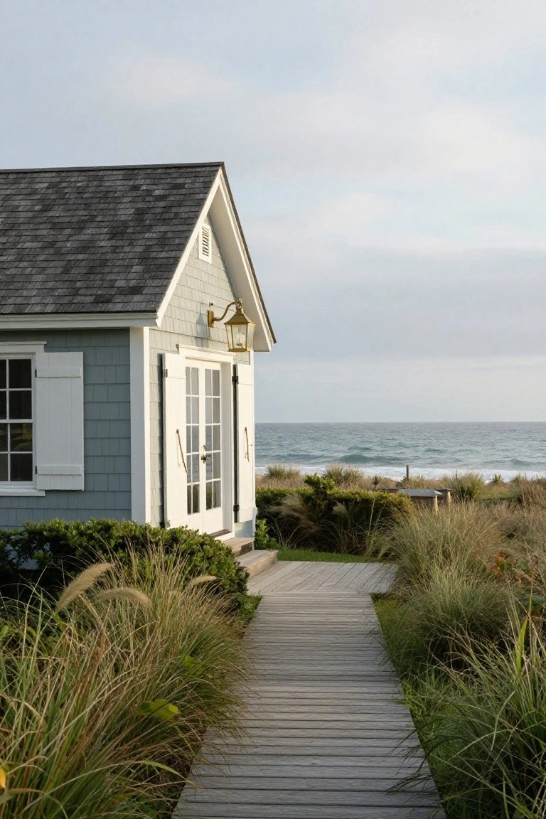 Gray shingled cottage exterior with white shutters, French doors, brass lantern light, surrounded by beach grasses and a wooden boardwalk path toward the ocean.