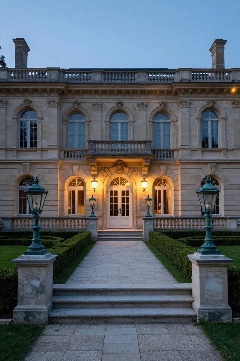 Light beige stone mansion facade at dusk with arched windows, balcony, illuminated double doors, stone steps, pathway lined by boxwood hedges and green metal lanterns.