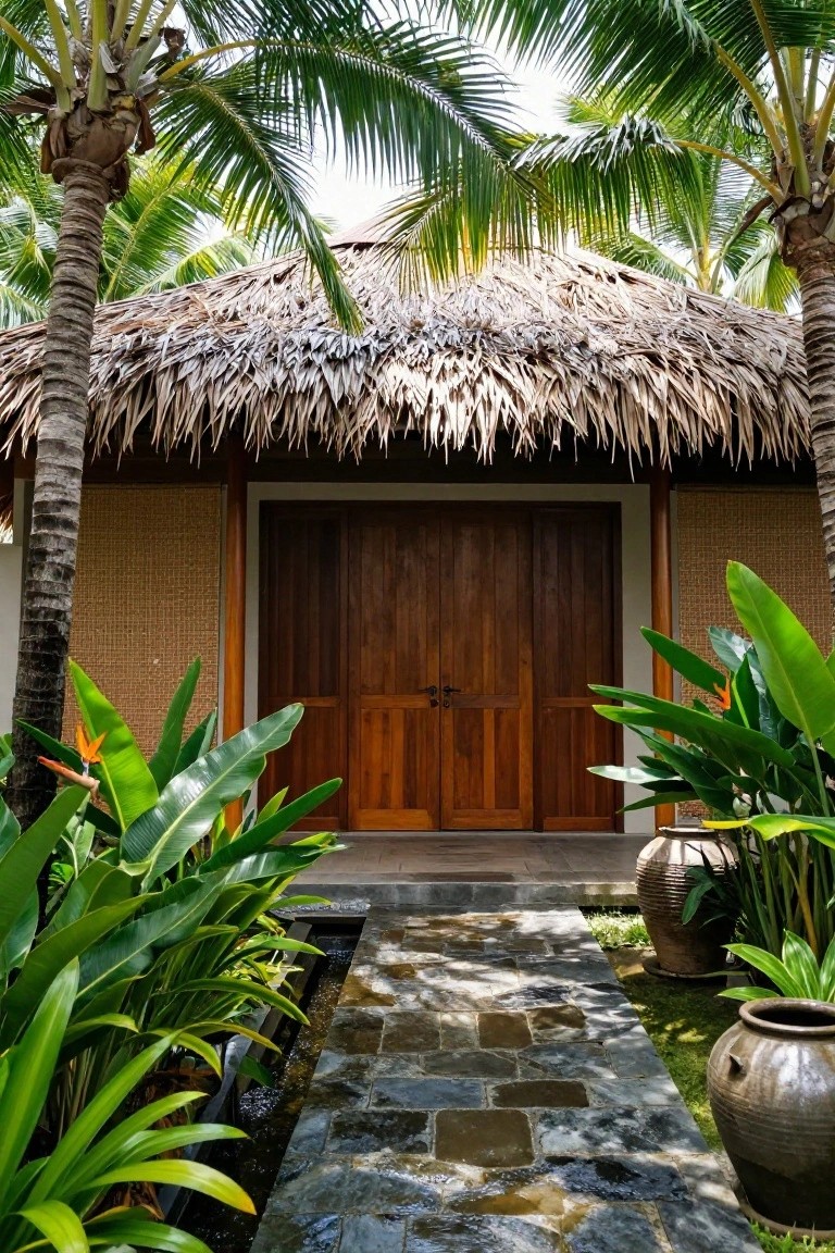 Exterior of a thatched-roof bungalow with double wooden doors centered in the facade, surrounded by tall palm trees, banana plants, and large terracotta pots along a stone pathway.