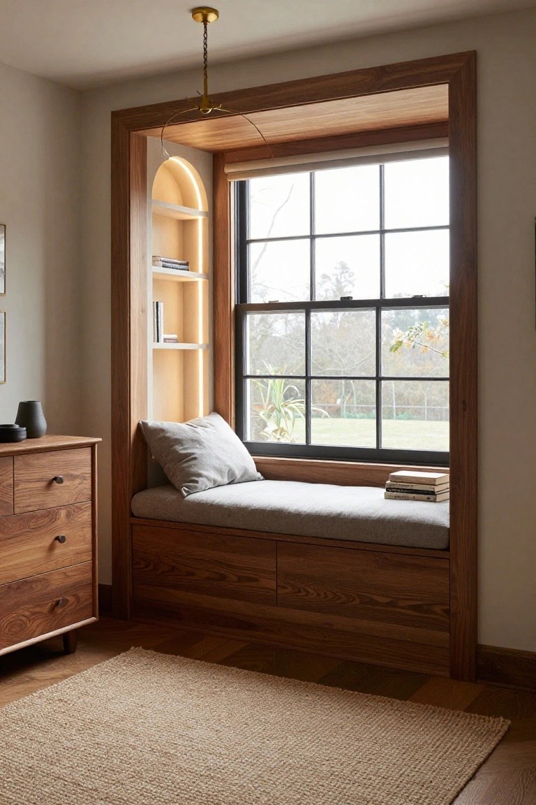 Wooden built-in window seat with gray cushion, books, and shelves beside a large divided-light window overlooking trees and grass, next to a wooden dresser on a hardwood floor with a beige rug.