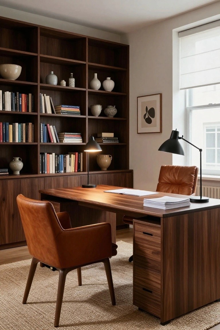 A home office with floor-to-ceiling dark wood bookshelves filled with books and ceramics, a wooden desk with orange leather armchairs, cabinets below the shelves, and a black desk lamp by a window with blinds.