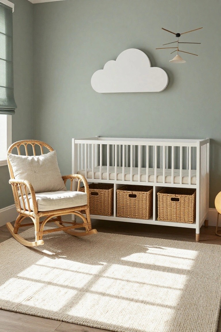White wooden crib with lower open shelves holding three wicker baskets, next to a rattan rocking chair with beige cushions, in a sage green nursery room with cloud wall art, beige rug, and window light.