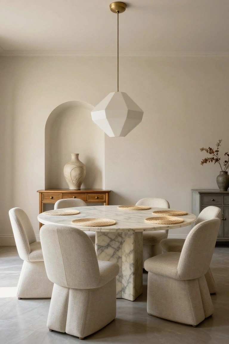 A dining room featuring a round white veined marble table on a faceted pedestal base surrounded by six curved cream upholstered armchairs with flared bases, under a geometric white pendant light, next to a wooden credenza and arched niche with a vase.