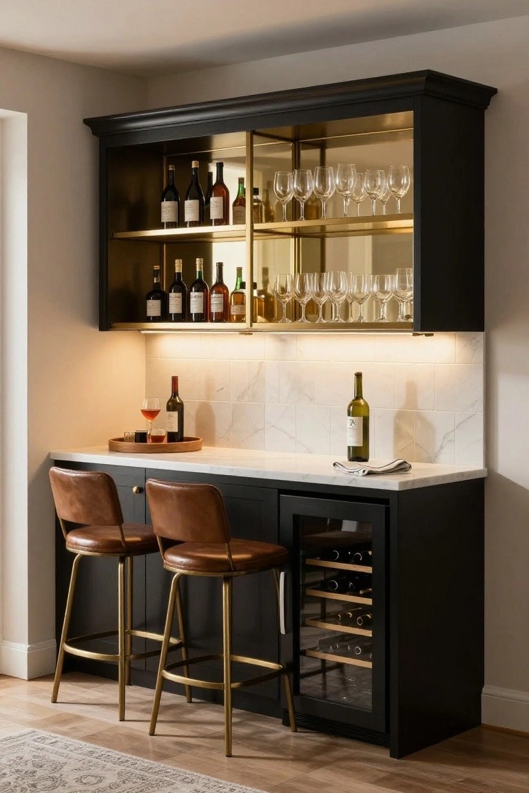 Black cabinetry forming a built-in home bar with glass-front upper shelves displaying wine bottles and glassware, a white marble countertop holding a wine bottle and glasses, integrated wine fridge, and two tan leather bar stools with brass legs.