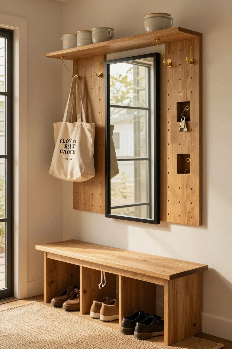 Wooden entryway setup with wall-mounted console including shelves, mirror, pegboard sides with hooks and key holder, hanging tote bag, and bench with shoe cubbies below on a seagrass rug.