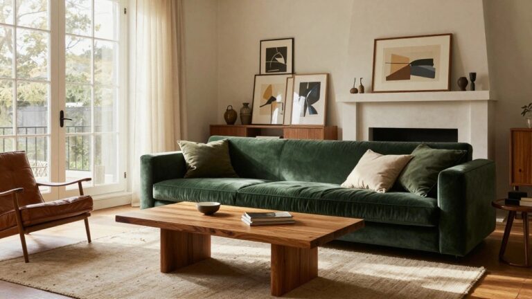 Light-filled living room corner with emerald green velvet sofa, wooden coffee table and tripod side table, beige pillows, sheer curtains on large windows, framed abstract art above marble fireplace mantel.