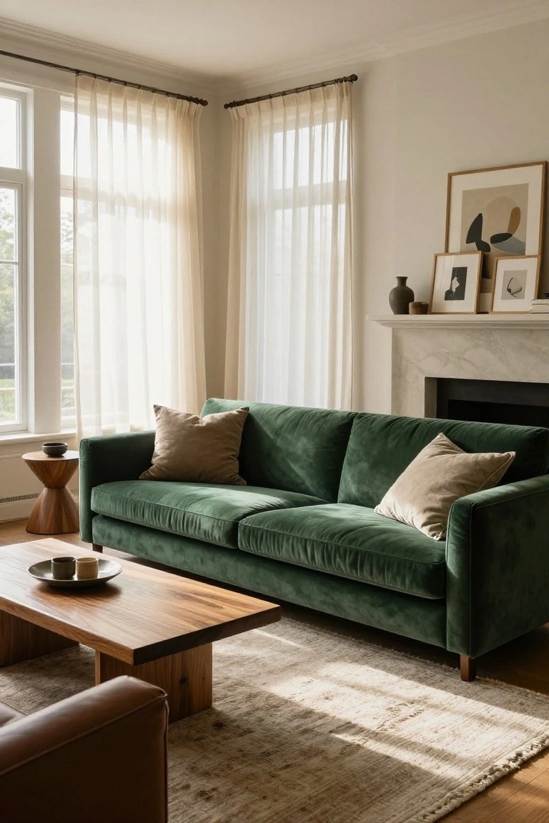 Light-filled living room corner with emerald green velvet sofa, wooden coffee table and tripod side table, beige pillows, sheer curtains on large windows, framed abstract art above marble fireplace mantel.