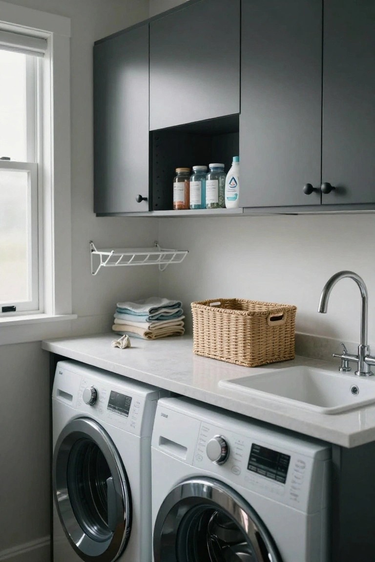 Laundry room with two white front-loading washers under a white quartz countertop holding a large white sink, dark gray upper cabinets above, and stacked towels beside a wicker basket.