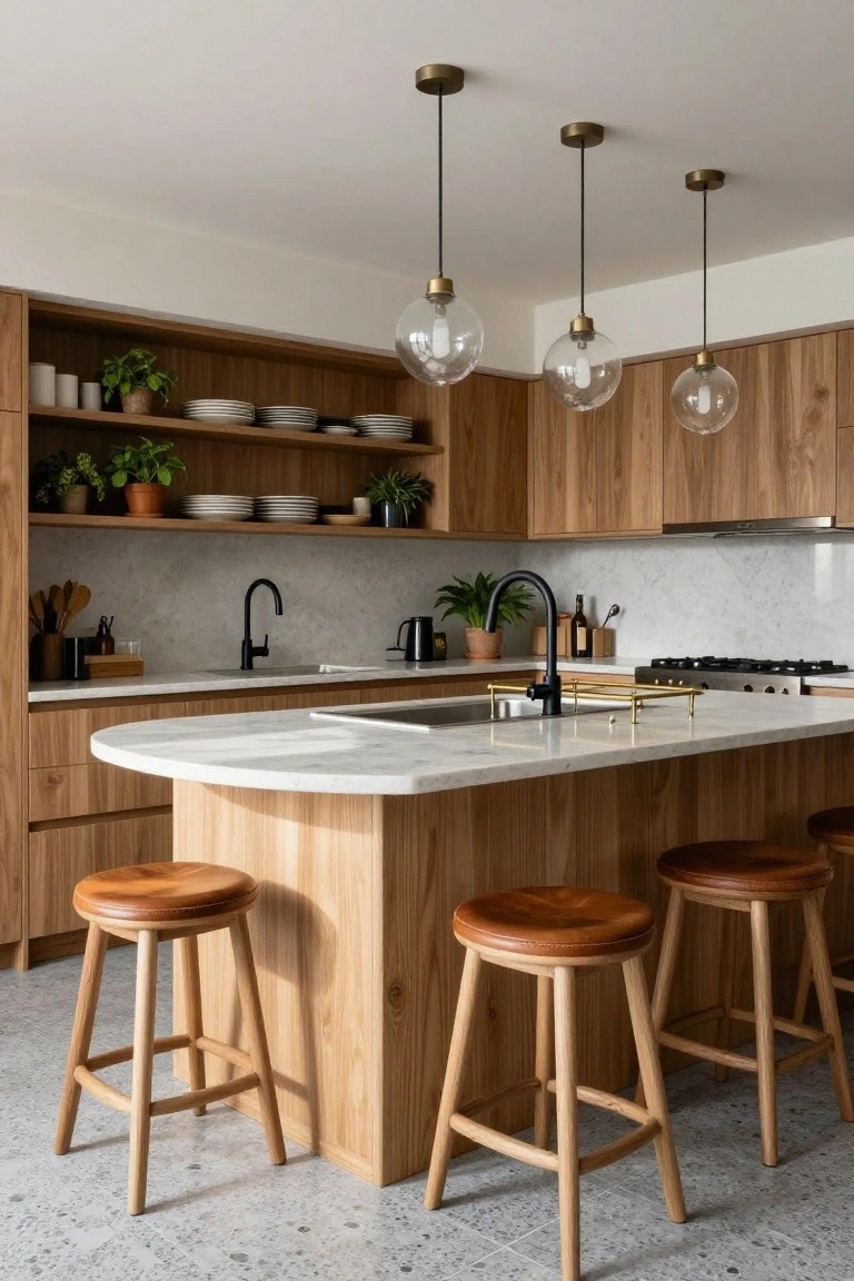 Modern kitchen with oak wood cabinets, white marble curved island bar, four wooden bar stools with tan leather seats, glass pendant lights, and potted plants on shelves.