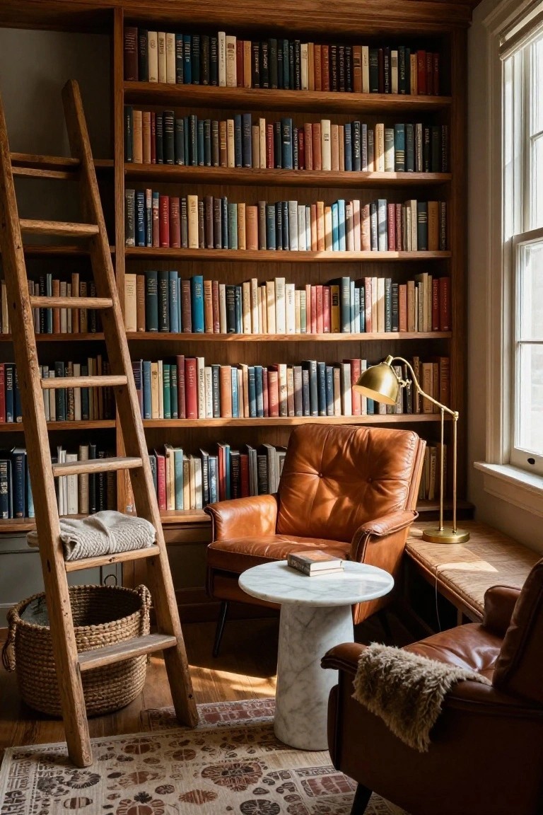 Tall wooden bookshelves line the walls of a cozy library room with a sliding wooden ladder, brown leather armchair, brass desk lamp, white round side table, woven basket, and window light.
