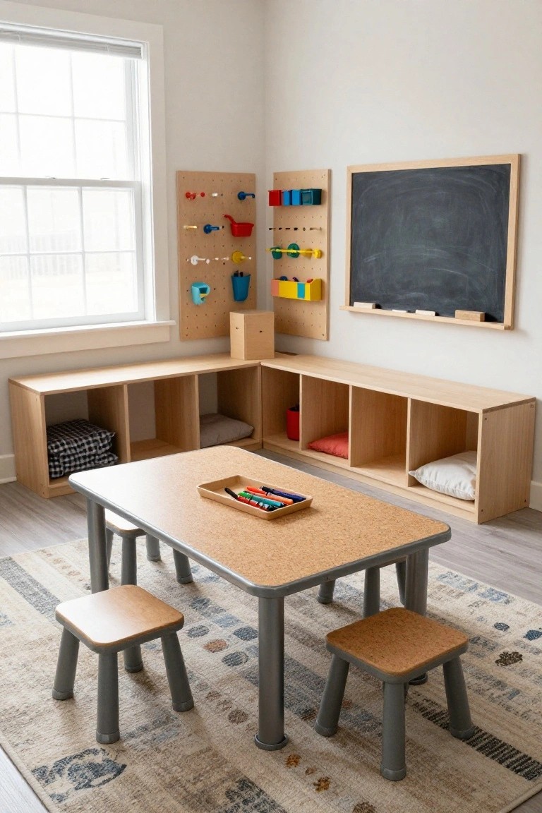 A children's playroom corner with wooden pegboard wall, blackboard, L-shaped wooden cubby benches holding cushions and pillows, small table with crayons, and stools on a patterned rug.