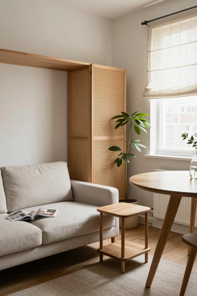 Light interior corner with beige sofa on wood floor, open magazine on cushions, small wooden side table beside it, round wooden dining table, tall wooden wardrobe with rattan panel doors, potted plant, and window with sheer curtains.
