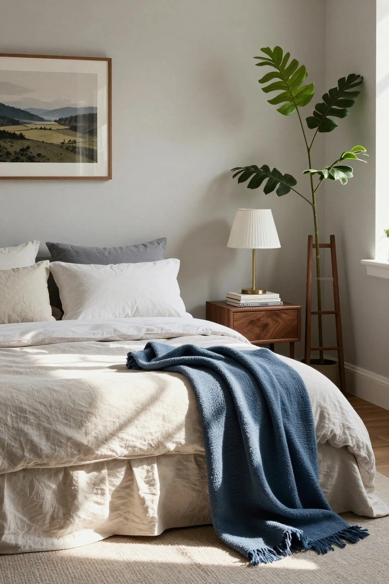 Bedroom with white linen bed draped in navy throw, walnut nightstand topped with books and brass lamp, tall green plant on wooden ladder stand next to window, and framed landscape artwork on light gray wall.