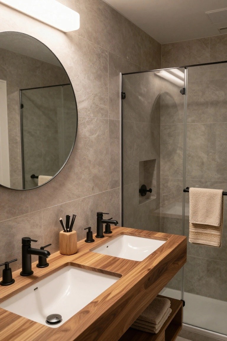 Contemporary bathroom with a wooden double vanity featuring two white undermount sinks, black faucets, toothbrush holder, round mirror above, beige tile walls, and glass shower enclosure.