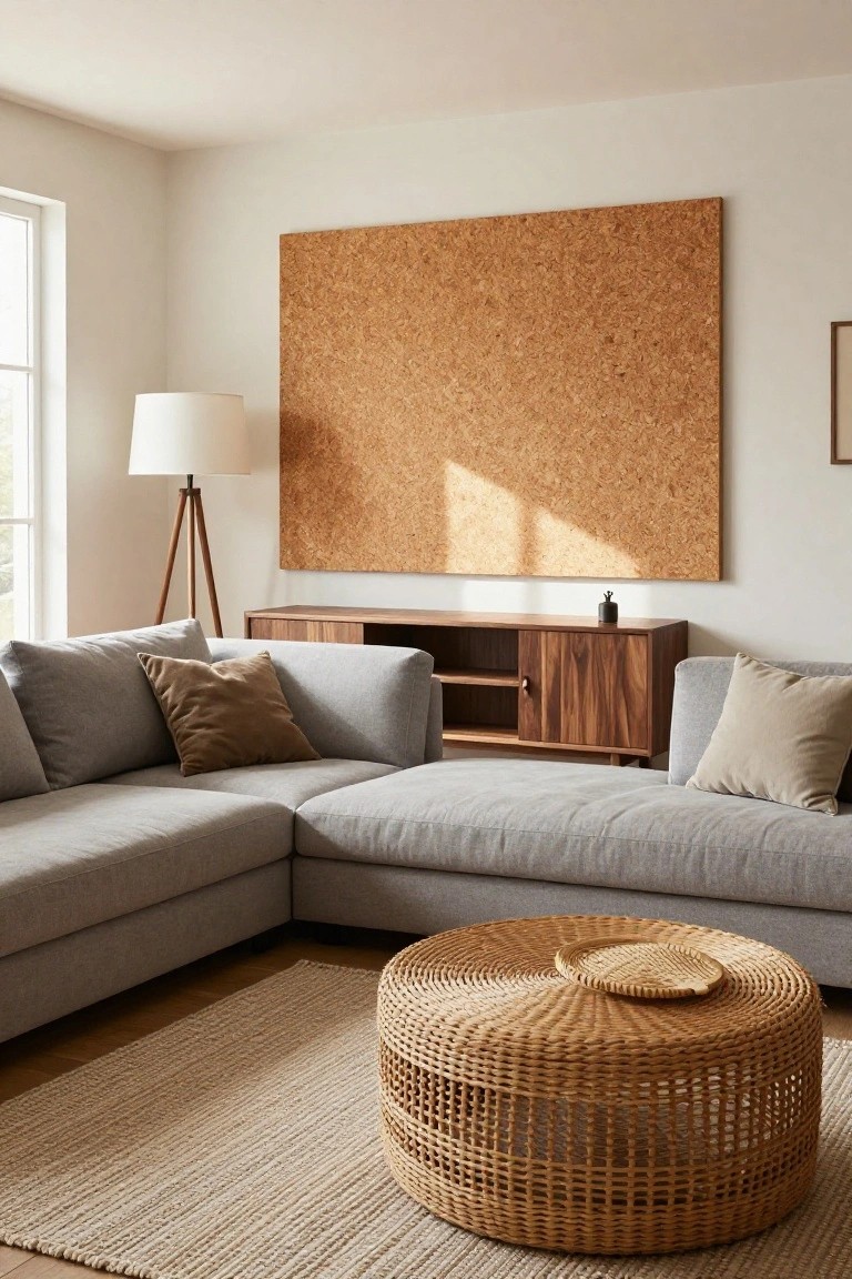 Modern living room featuring a gray L-shaped sofa, walnut media cabinet, large cork panel on wall, tripod floor lamp, beige seagrass rug, and round woven rattan coffee table with wooden tray on top.