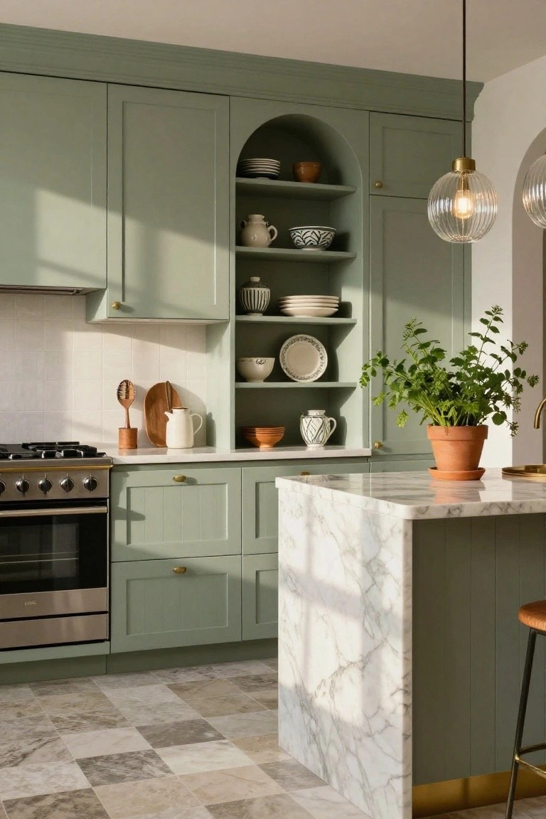 Sage green kitchen cabinets with arched open shelving displaying white plates, bowls, and potted plants, next to a white marble island and gold bar stools on tiled floors.