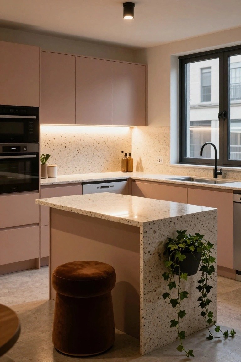 Modern kitchen with blush pink cabinets, speckled white terrazzo countertops and backsplash, central island with brown pouf stool and hanging ivy plant, black oven, dishwasher, sink under window overlooking brick buildings.