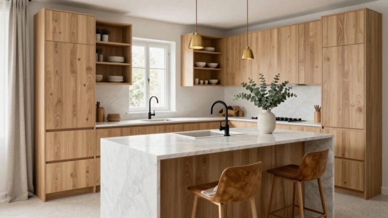 19 Fluted Cabinet Luxury Kitchen Ideas With Quiet Texture Light wood fluted cabinets in a modern kitchen with white marble island countertop, black faucet and sink, wooden bar stools, eucalyptus in a ceramic vase, and gold pendant lights.