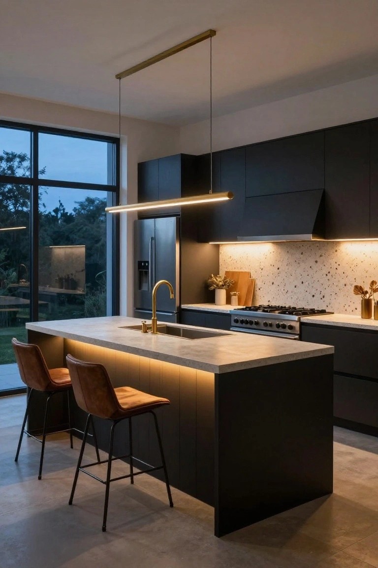 Modern kitchen with black fluted cabinets, white veined stone island and counters, gold faucet and range hood, terrazzo backsplash, stainless steel appliances, two tan leather bar stools, and large windows showing greenery outside at dusk.