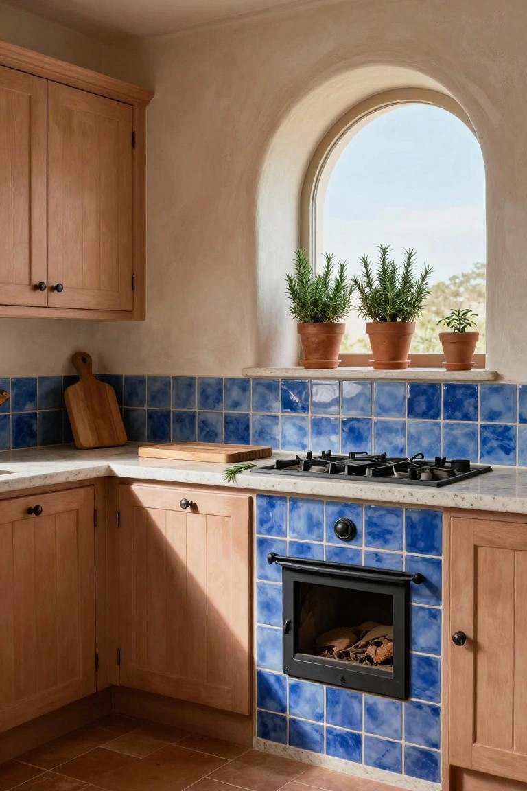 Kitchen corner with light oak fluted cabinets, irregular blue tile backsplash, gas cooktop and black oven, wooden cutting boards on white countertop, potted rosemary plants on arched windowsill above, terracotta tile floor.