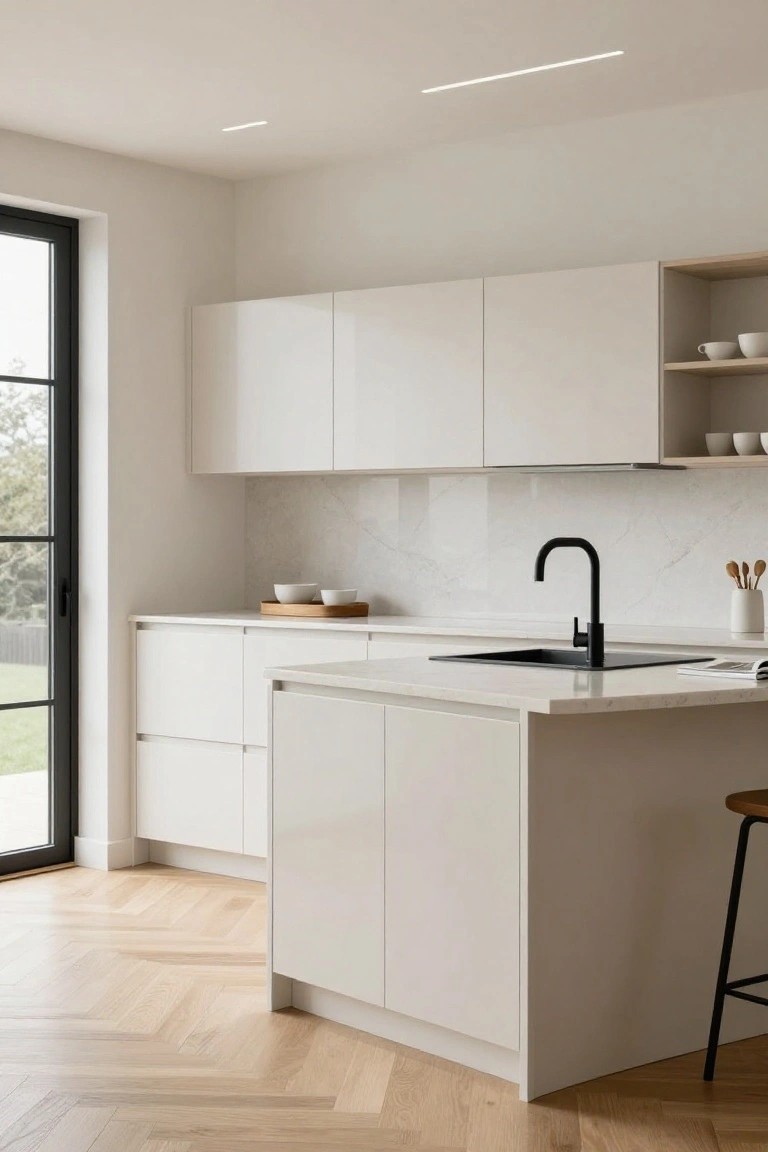 Modern white kitchen with handleless cabinets, marble backsplash, black matte faucet and sink, central island with wooden bar stool, herringbone oak flooring, and black-framed glass door to garden.