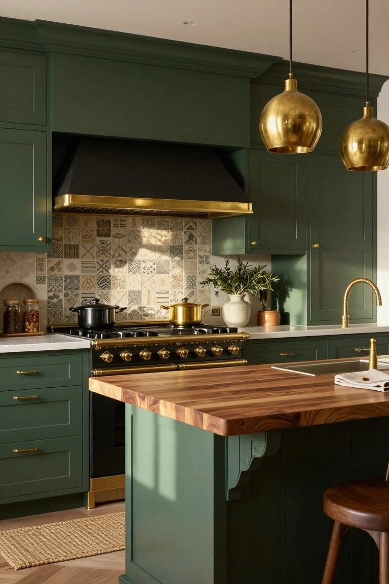 A kitchen with deep green paneled cabinets, brass hardware and range hood, wooden island with stools, patterned tile backsplash, and gold pendant lights.