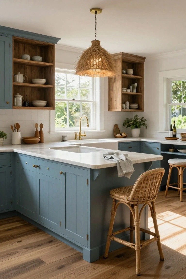Kitchen with soft blue fluted cabinets, white marble countertops, farmhouse sink, wooden open shelves, rattan pendant light, and rattan barstools at the island.