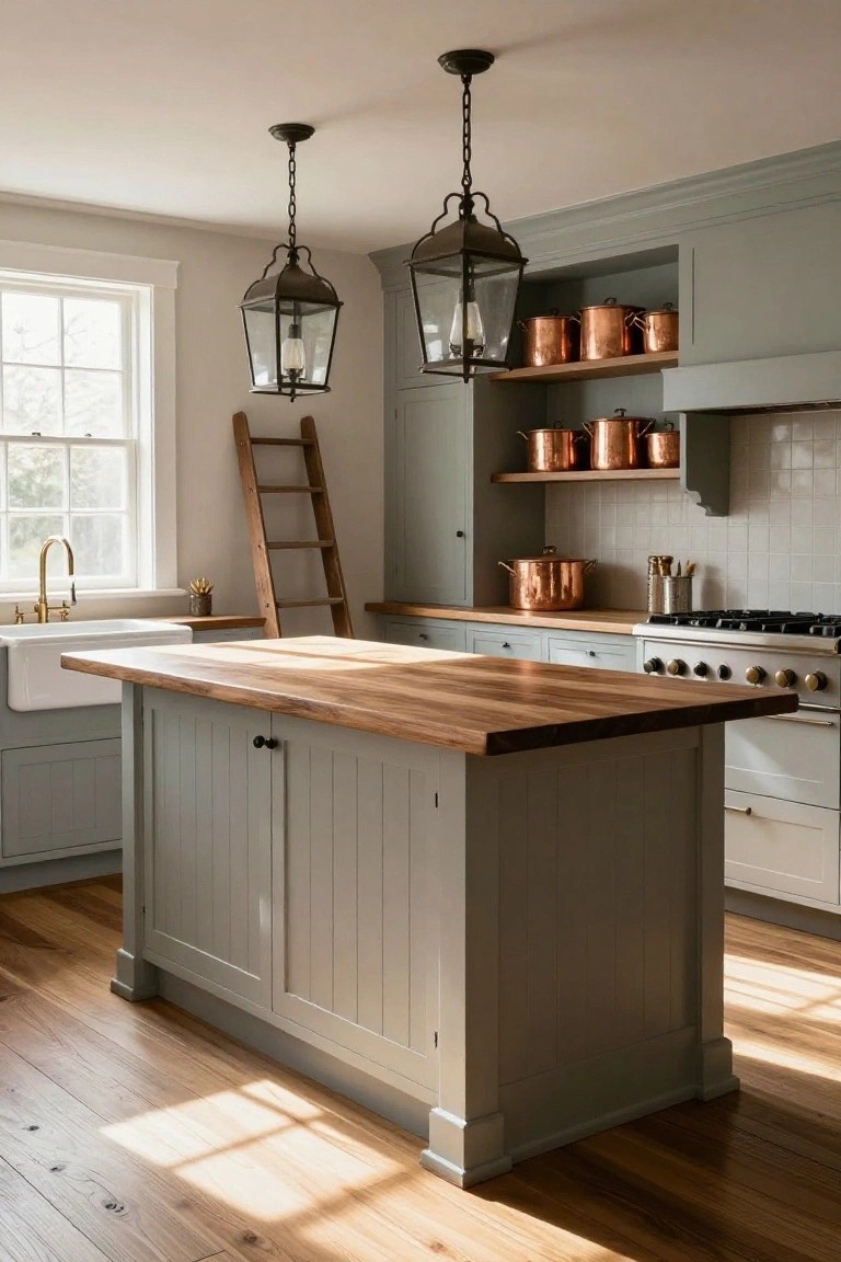 Kitchen interior with pale gray fluted cabinets, wooden island countertop, copper pots on open shelves, farmhouse sink, ladder, and pendant lanterns over a window and stove.