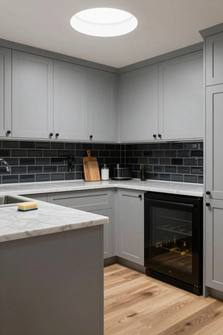 Corner view of a modern kitchen with light gray flat-panel cabinets, dark subway tile backsplash, white marble countertop, stainless sink with yellow sponge, black wine cooler, toaster, wood cutting board, and light oak flooring under a round skylight.