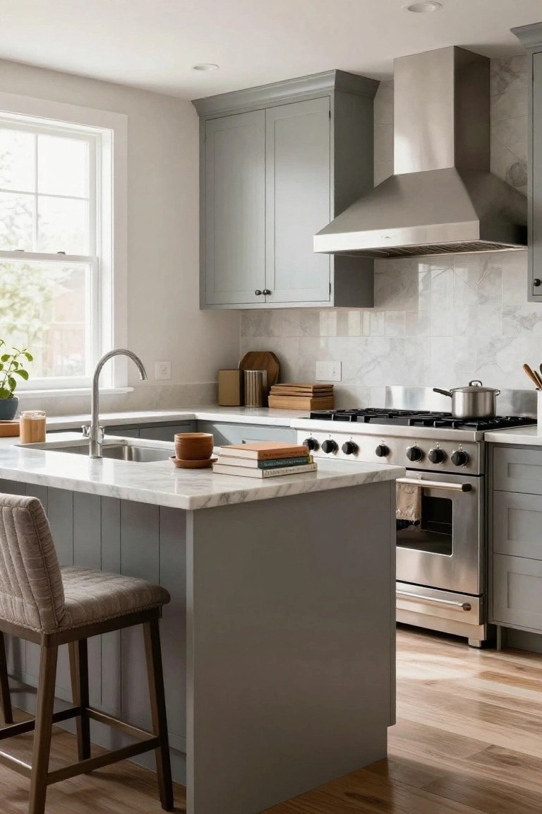 Modern kitchen with gray fluted panel cabinets on a white marble island, tufted bar stool, stainless steel range and hood, sink, and window with plant.
