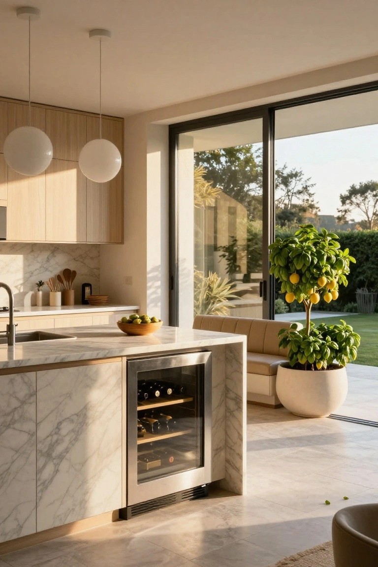 Modern kitchen with light oak upper cabinets, white marble island featuring vertical fluted panels and built-in silver wine cooler, wooden bowl of green apples on counter, potted lemon tree next to beige curved sofa, and black-framed sliding glass doors to backyard garden.