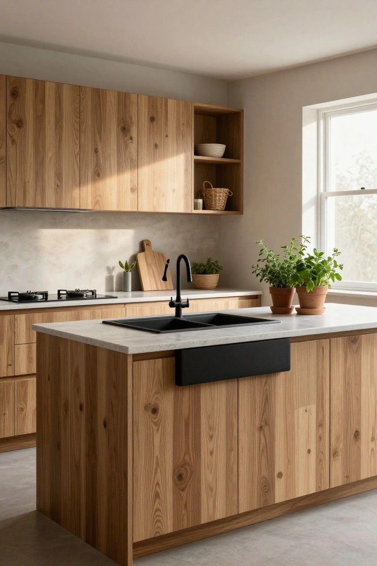 Contemporary kitchen interior with fluted oak cabinets, central island featuring white countertop and black double sink apron, gas cooktop, and potted plants.