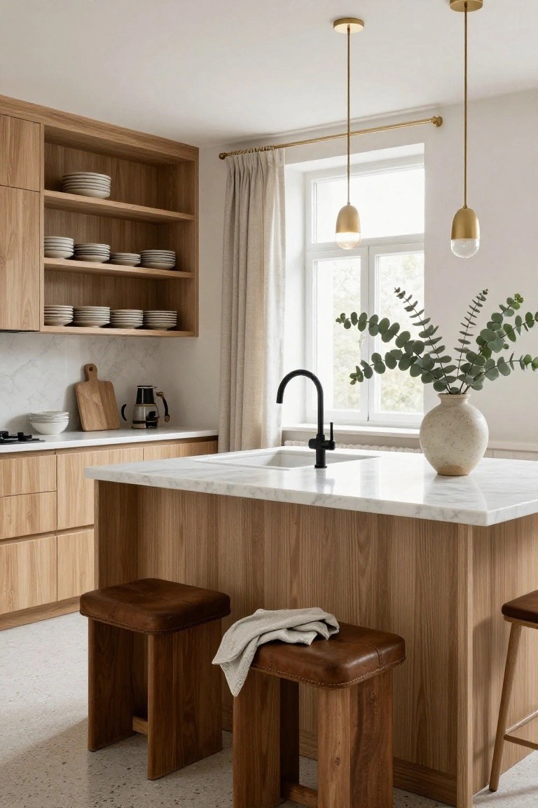 Light wood fluted cabinets in a modern kitchen with white marble island countertop, black faucet and sink, wooden bar stools, eucalyptus in a ceramic vase, and gold pendant lights.