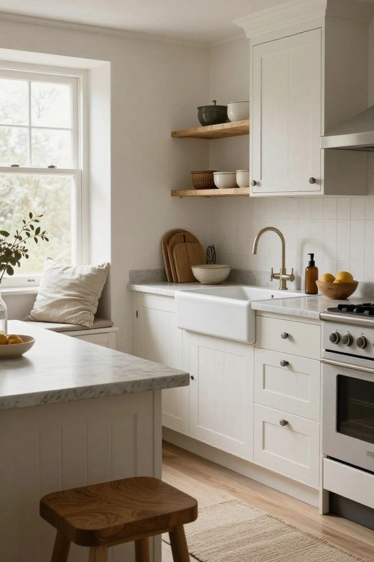 Bright kitchen with white fluted cabinets, marble countertops, farmhouse sink, wooden cutting boards, potted plants, and a window seat with cushion.