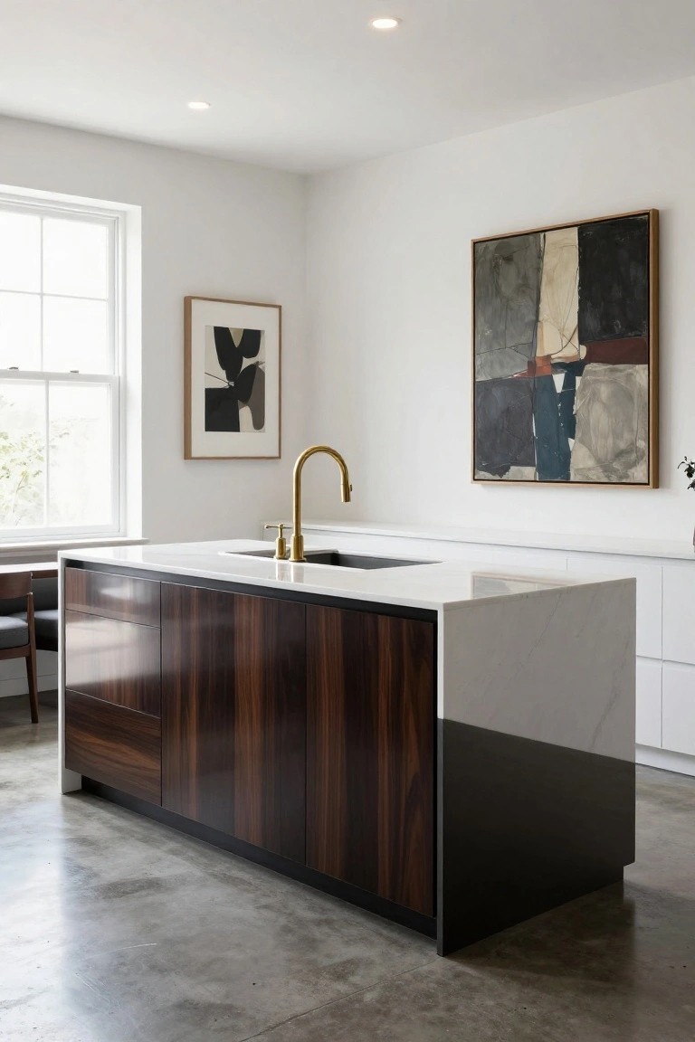 Modern kitchen with central island featuring dark fluted wood cabinets, white marble countertop, gold gooseneck faucet in sink, abstract framed artwork on walls, and window with natural light.