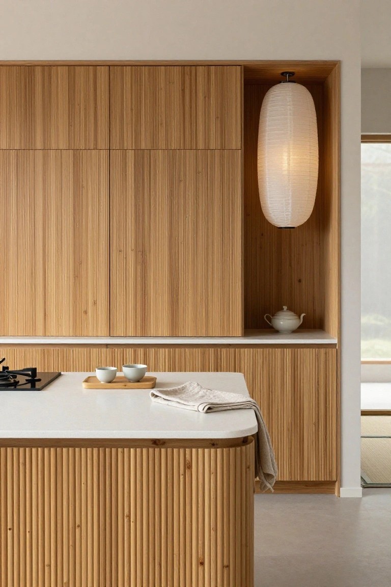 Kitchen featuring tall vertical fluted oak cabinets, white quartz countertop with gas cooktop, wooden tray with teacups, and recessed paper lantern light with teapot on shelf.