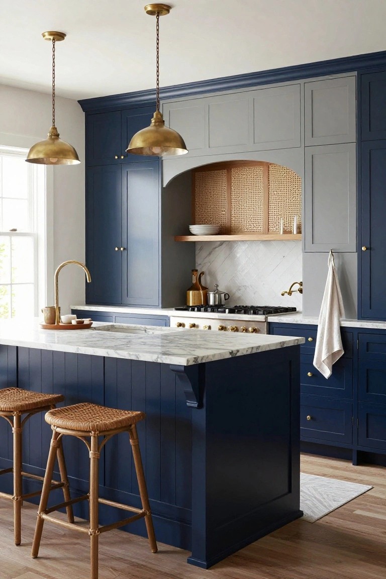Kitchen with navy blue lower cabinets and island, light gray upper cabinets, arched niche featuring cane-insert doors above cooktop, white marble counters and backsplash, brass faucet and hardware, rattan barstools, and wood floors.