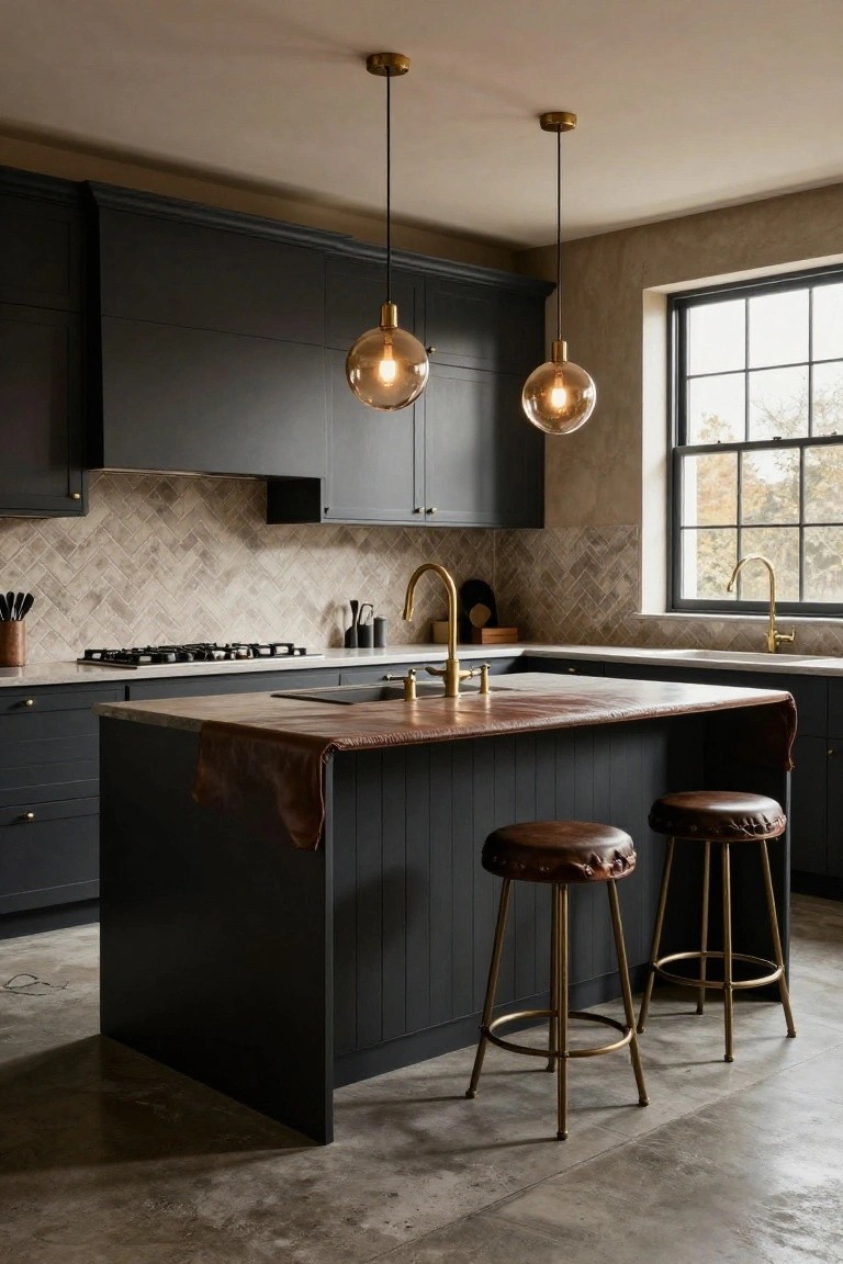 A luxury kitchen with dark navy fluted cabinets, herringbone beige tile backsplash, gold brass faucets and pendant lights, white countertops, a leather-covered island with brown leather stools on brass legs, and a window overlooking trees.
