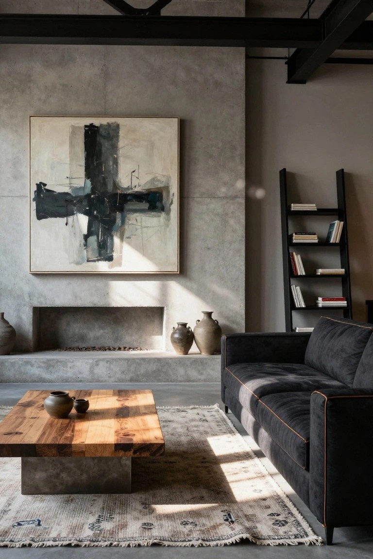 Modern living room with gray concrete walls, recessed fireplace, black upholstered sofa, large wooden coffee table, ladder bookshelves, abstract painting, and ceramic vases.